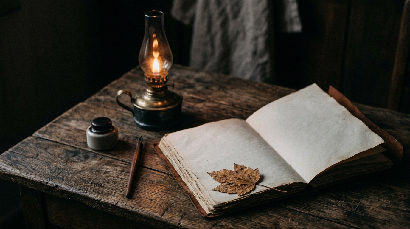 A single oil lamp casting warm light on a worn wooden table with an open blank journal and a dried leaf beside it