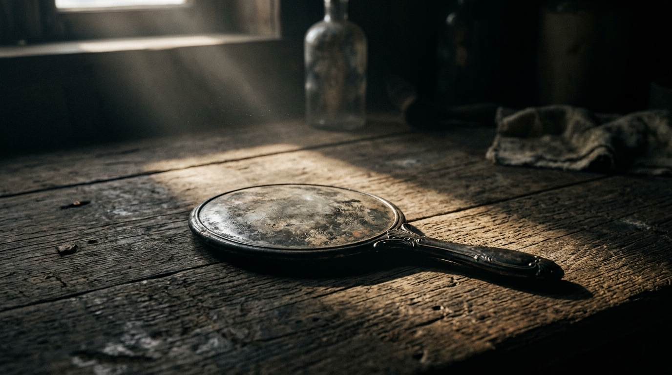 A single antique hand mirror face-down on a weathered wooden table, soft morning light coming through a dusty window