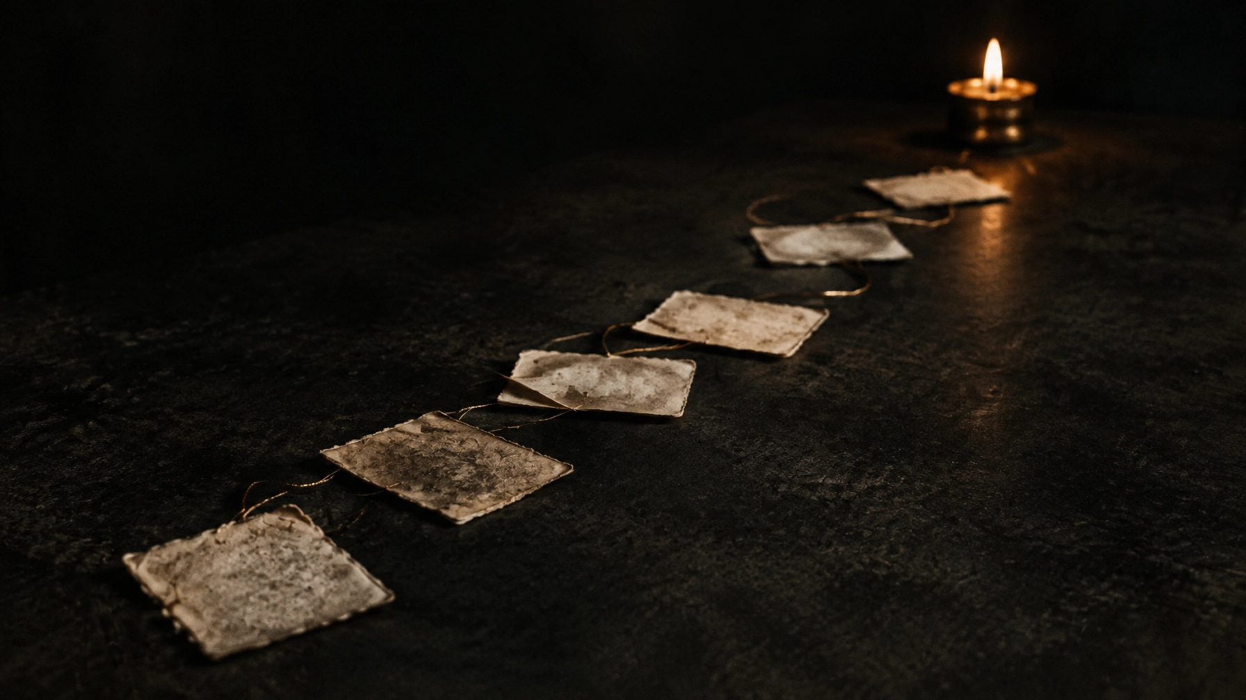 ![Seven aged paper cards arranged in a winding path across a dark charcoal table with a soft antique-gold glow](https://cdn.marblism.com/z1mVb4FKXFp.webp)